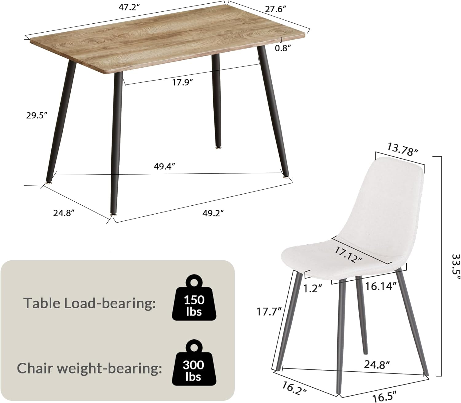 47" Modern Minimalist Mdf Wood Color Dining Table And Beige Dining Chair For 4,Black Metal Legs, Small Sized Dining Table, Office Desk, Kitchen Table, For4 6 Seat.Suitable For Home & Kitchen Wood