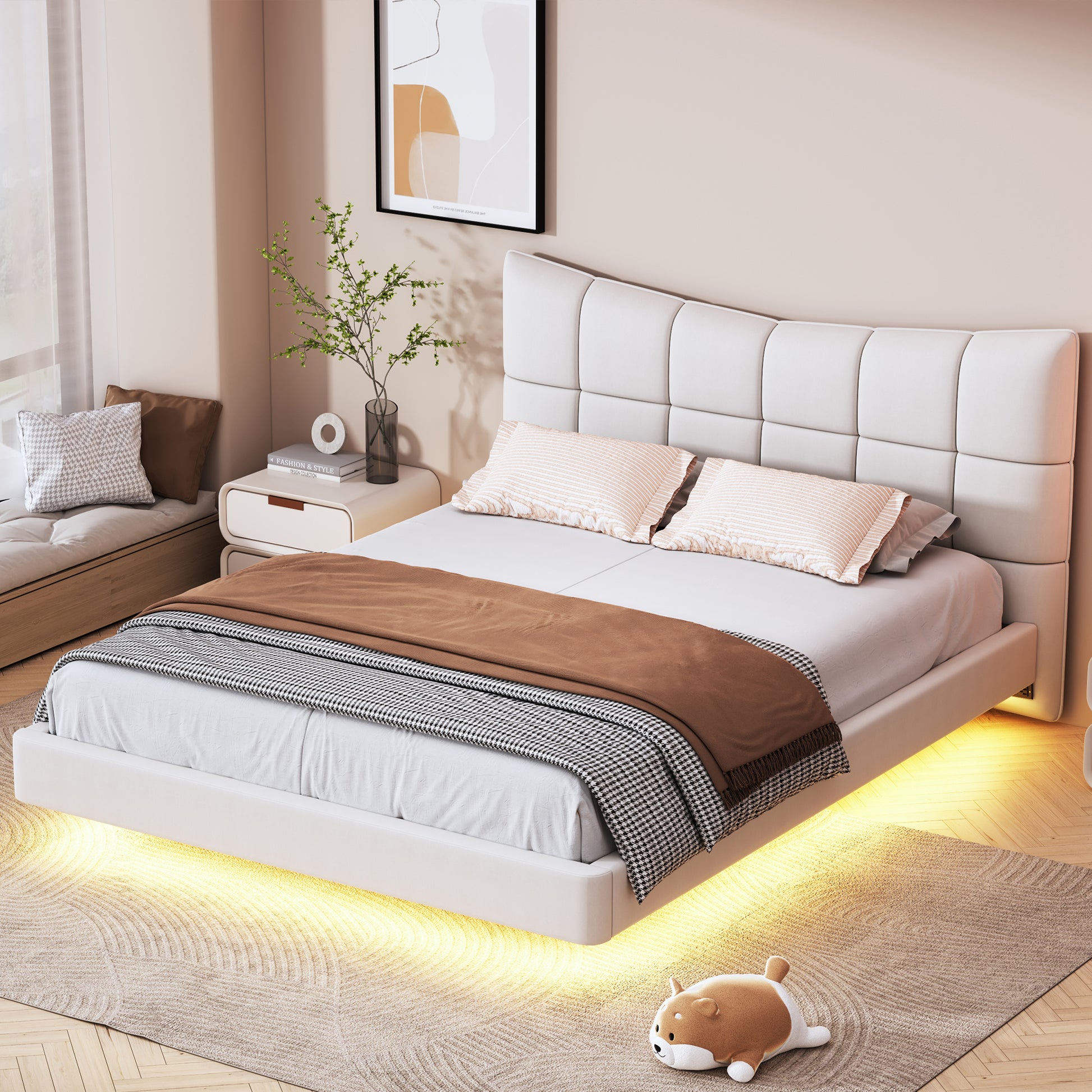 Full Size Upholstered Platform Bed With Led Lights,Usb Ports And Outlets,Linen Fabric,Beige Full Beige Wood Metal
