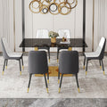 Table And Chair Set.Modern Rectangular Dining Table With Black Textured Stickers Glass Tabletop And Gold Plated Metal Legs.Paried With 6 Comfortable Chairs With Pu Seats And Black Metal Legs. Black