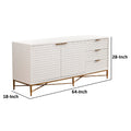 Rexi 64 Inch Tv Media Entertainment Center Console, 3 Drawers, White, Gold White Gold 60 69 Inches Wood