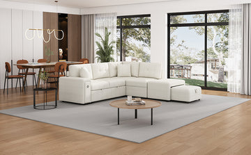 86.6" Sectional Sofa L Shaped Sofa Couch Pull Out Sofa Bed With A Movable Ottoman, Two Usb Ports And Two Cup Holders For Living Room, Beige Beige Foam Chenille 4 Seat