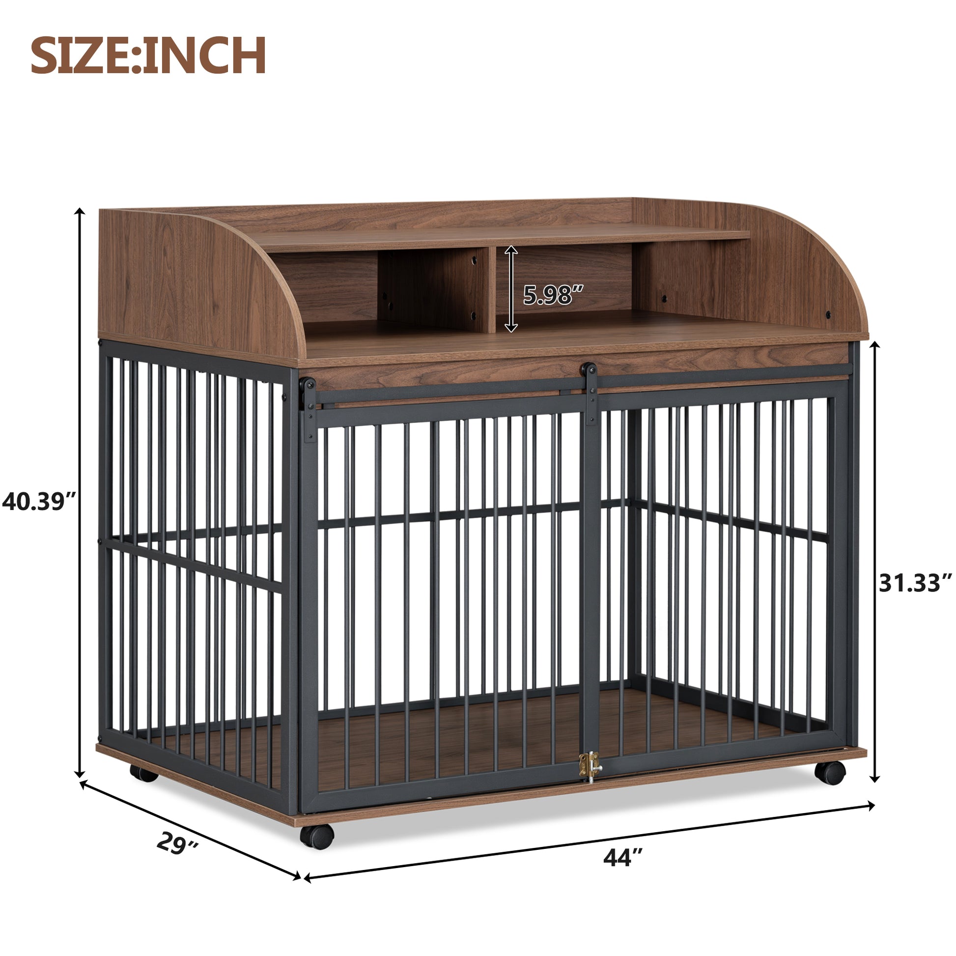 44'' Heavy Duty Large Dog Crate Furniture For Large Medium Dog With Lockable Wheels, Wooden Dog Crate Dog Kennel, End Table Crate With Double Layer Storage, Brown Brown Engineered Wood