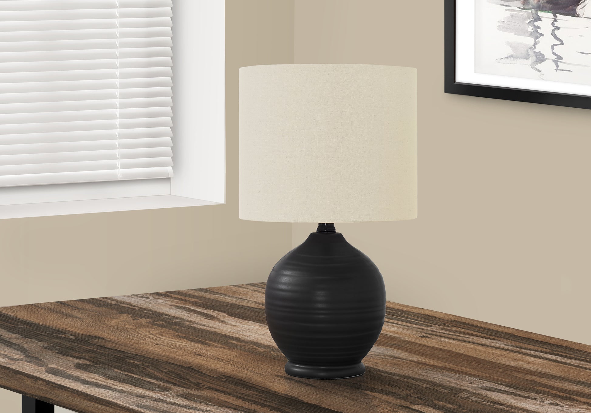 Lighting, 17"H, Table Lamp, Black Ceramic, Ivory Cream Shade, Transitional Black Ceramic