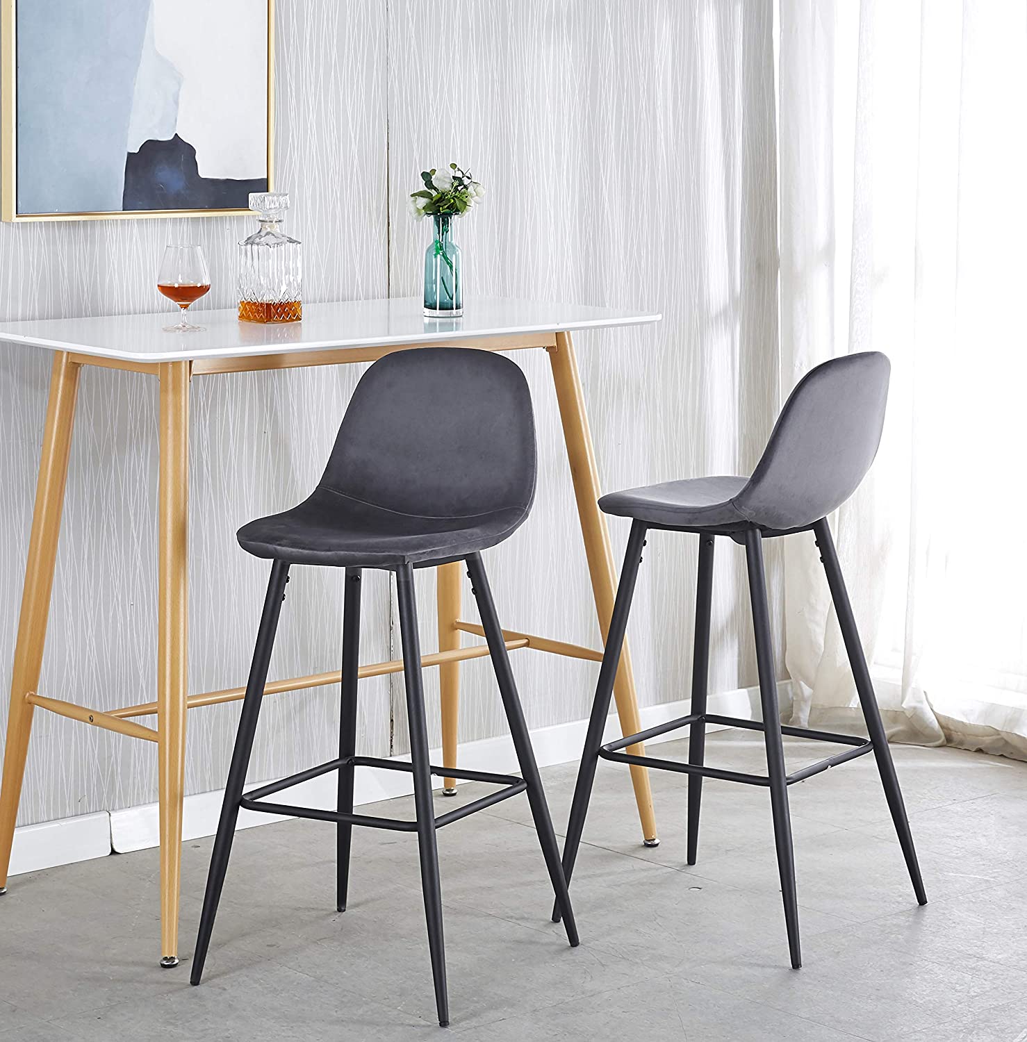 Bar Stools Set Of 2, 30 Inches Velvet Barstool Modern Counter Bar Height Chair With Back, Sturdy Metal Legs & Footrests, Easy Assembly, Island Stool For Kitchen Bar Dark Grey Velvet