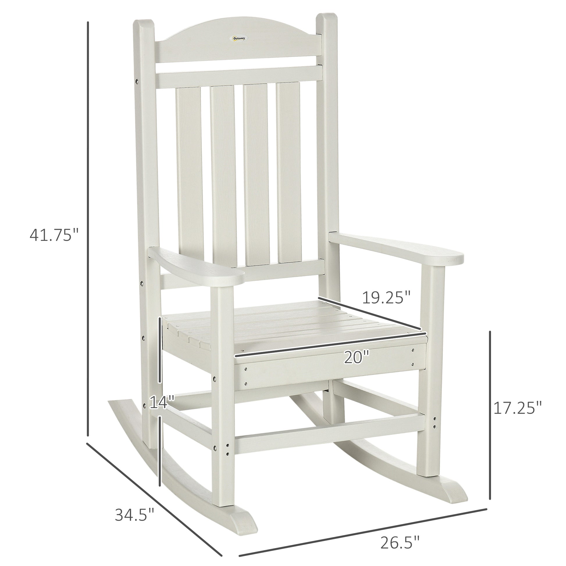 Outsunny Outdoor Rocking Chair, All Weather Resistant Hdpe Rocking Patio Chairs With Rustic High Back, Armrests, Oversized Seat And Slatted Backrest, 350Lbs Weight Capacity, White White Plastic