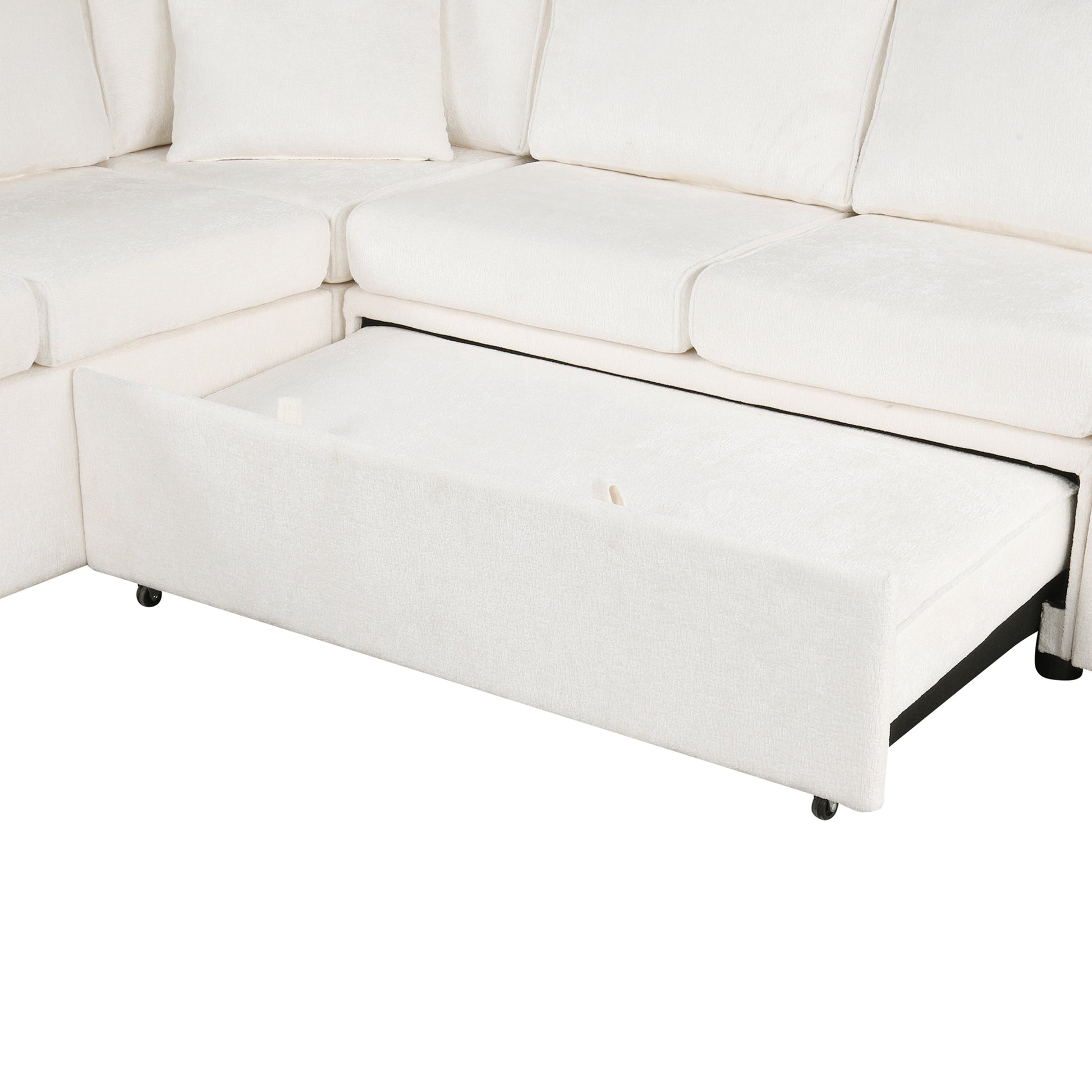 112.2" Sectional Sofa Pull Out Sofa Bed Sleeper With A Storage Ottoman,Three Pillows And Charging Devices For Living Room, Cream Cream Foam Chenille 6 Seat