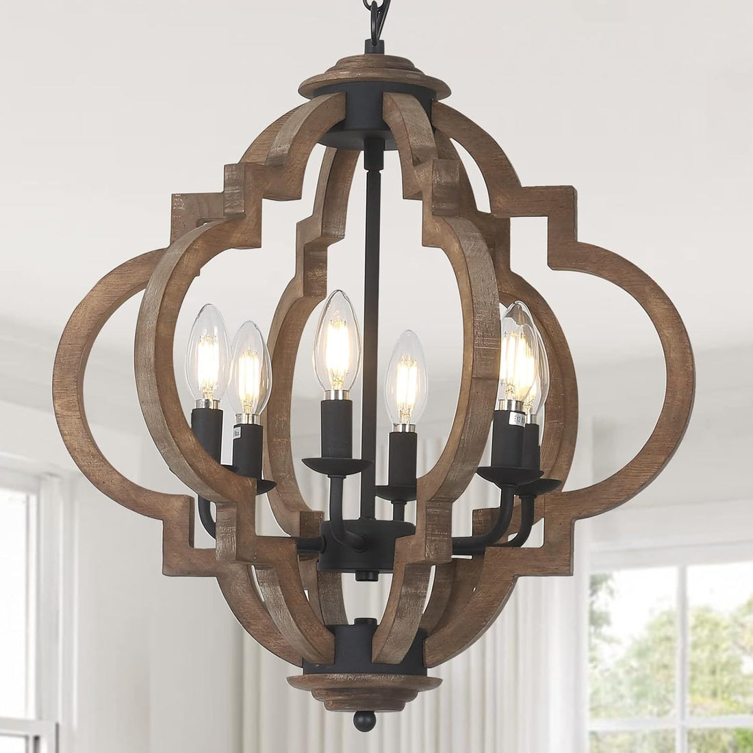 Farmhouse Chandeliers For Dining Room, 6 Light Rustic Dining Room Light Fixture Over Table, Wood Black Hanging Pendant Lights Kitchen Island, Boho Chandelier For Bedrooms Entryway Living Room Wood Wood Metal