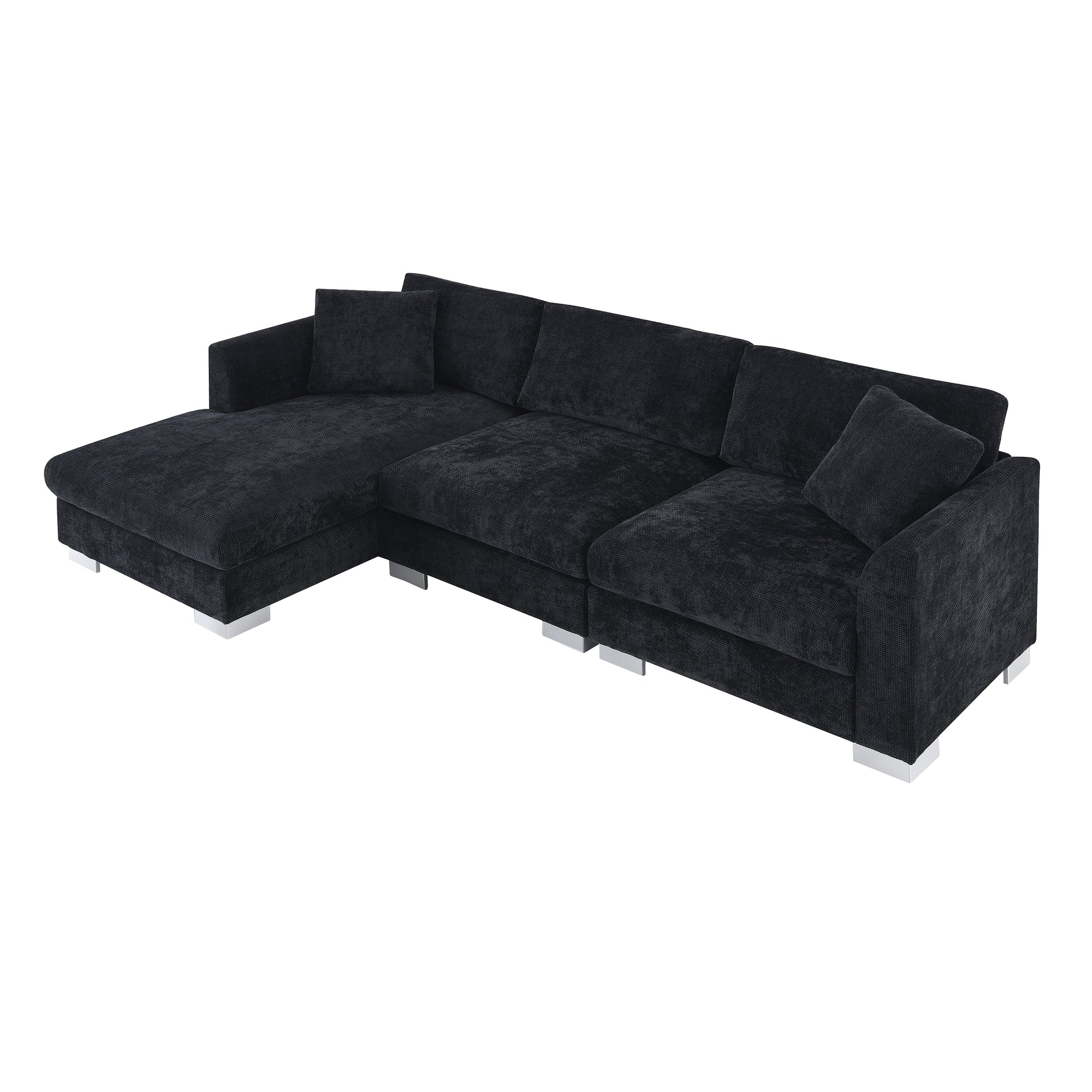 96*56" Modern Cloud Sectional Sofa,L Shaped Luxury Couch Set With 2 Free Pillows,4 Seat Chenille Indoor Furniture With Oversized Chaise For Living Room,Apartment,Office,3 Colors Black Chenille 4