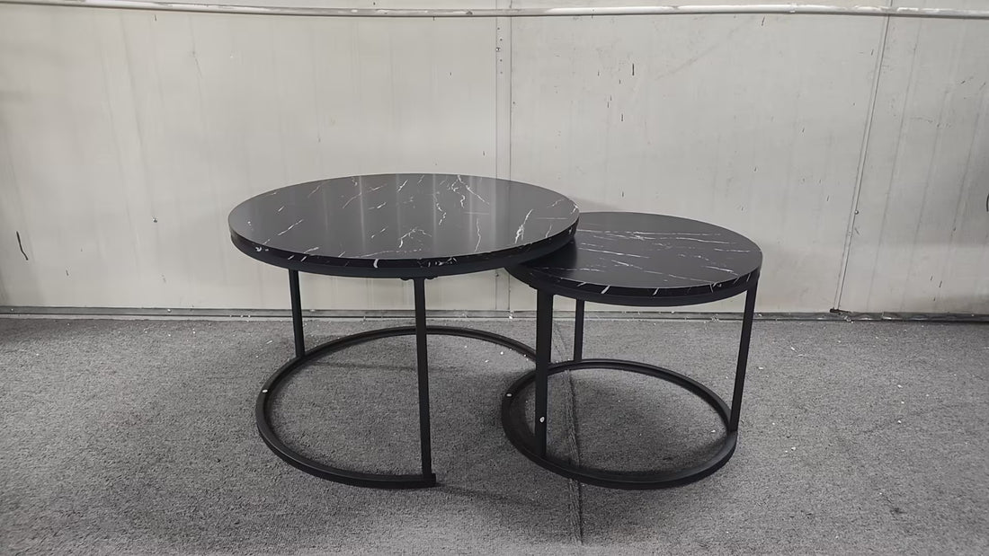 Nesting Coffee Table Set Of 2, 27.6Inch Round Coffee Table Wood Marble Pattern Top With Sturdy Metal Frame, End Table Side Tables For Living Room Bedroom Balcony Yard Black Black Wood Metal