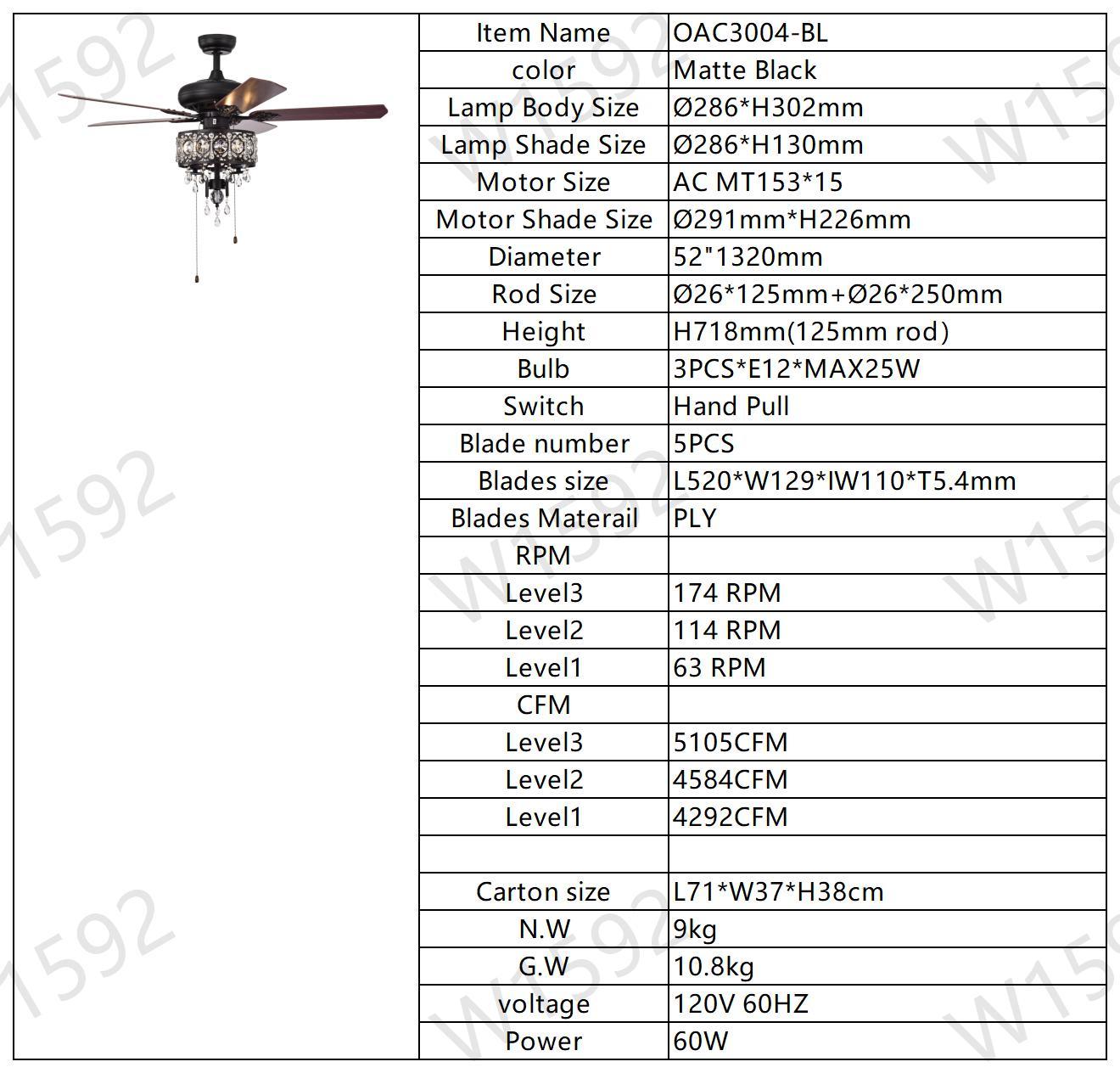 52'' Crystal Shade Ceiling Fan Lamp With Remote Control,3 Speed ,4 Timing5 Reversible Blades Crystal Ceiling Fan ,3Pcs*E12 No Include Bulb Hand Pull Chain Matte Black American Traditional,Antique,Classic,Contemporary Crystal Metal