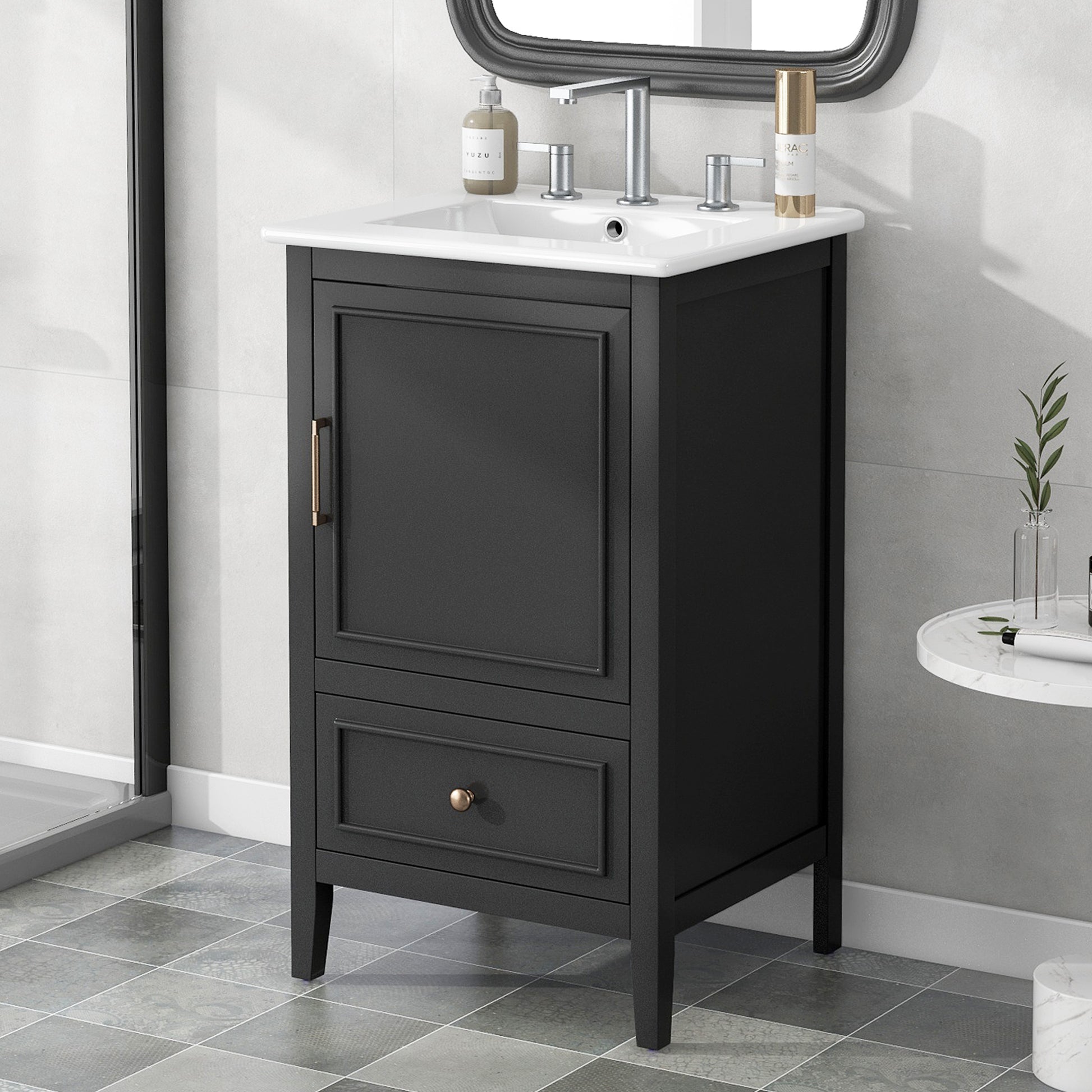 20" Bathroom Vanity With Sink, Bathroom Cabinet With A Door, Door Shelf Storage And Adiustable Foot Pads, A Drawer, Black Black Solid Wood Mdf