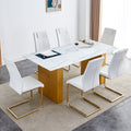 Table And Chair Set.Large Modern Rectangular Table With 0.4 Inch Patterned Glass Tabletop And Large Mdf Table Legs.Comes With 6 Chairs With Faux Leather Cushioned Seats And Golden Metal Legs. Gold White Seats 6 Mdf Glass