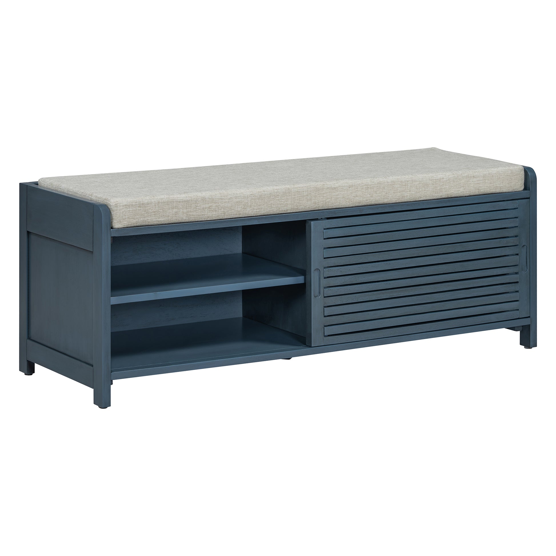 Distressed Shutter Storage Bench With Acacia Veneer For Retro Charm For Living Room, Entryway Navy Navy Mdf