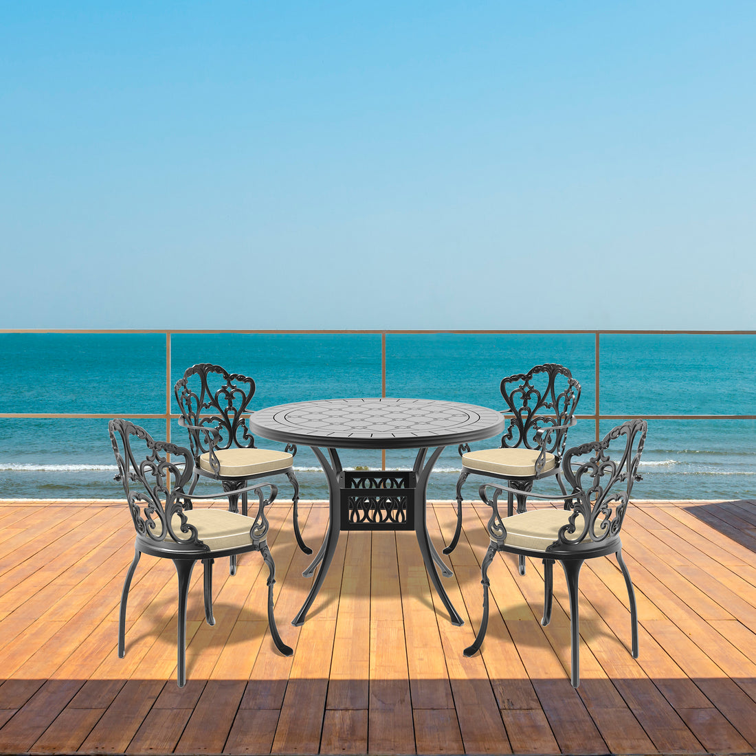 Cushions In Random Colors 5 Piece Set Of Cast Aluminum Patio Furniture With Cushions Yes Complete Patio Set Black Seats 4 Rust Resistant Frame Water Resistant Cushion Garden & Outdoor Complete Patio Sets Aluminium