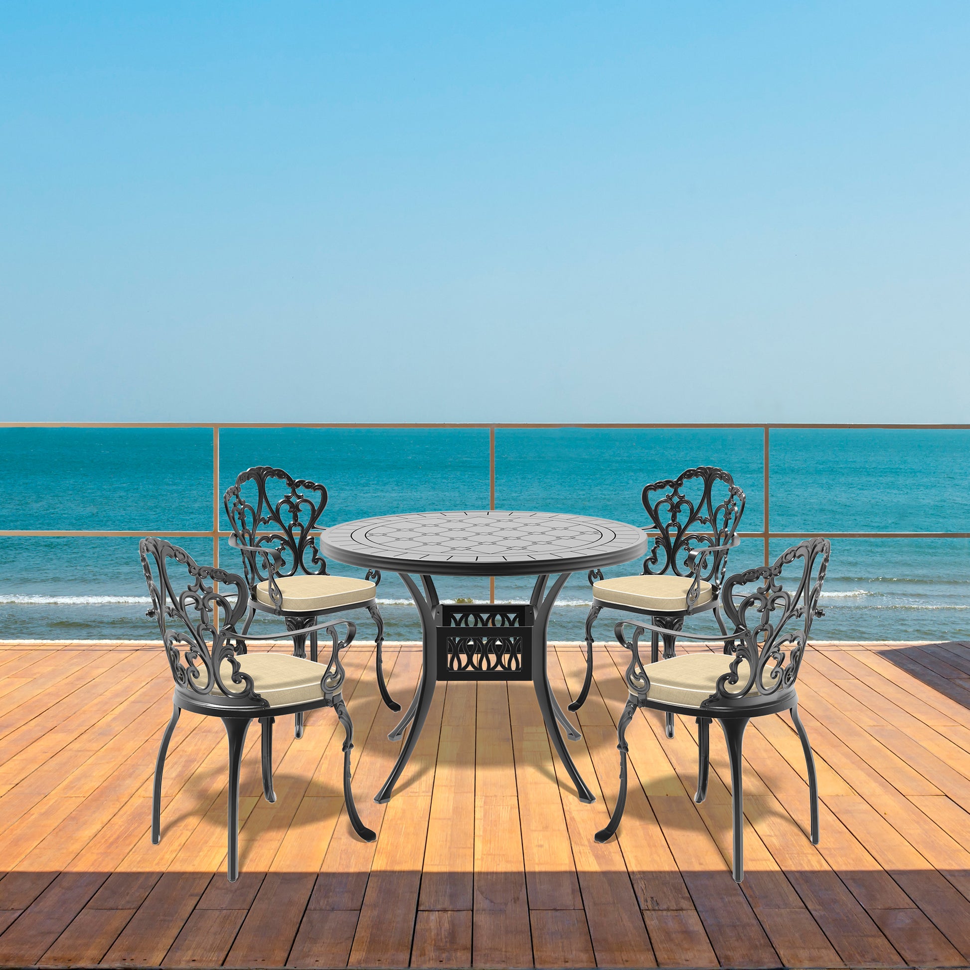 Cushions In Random Colors 5 Piece Set Of Cast Aluminum Patio Furniture With Cushions Yes Complete Patio Set Black Seats 4 Rust Resistant Frame Water Resistant Cushion Garden & Outdoor Complete Patio Sets Aluminium