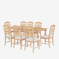 Vintage Traditional 9 Piece 82.7Inch Extendable Dining Table Set With 23.6Inch Removable Leaf And 8 Upholstered Dining Chairs For 8, Natural Wood Dining Room Distressed Finish Rubberwood Rectangular Dining Table With Bench Wood Wood Natural Seats 8