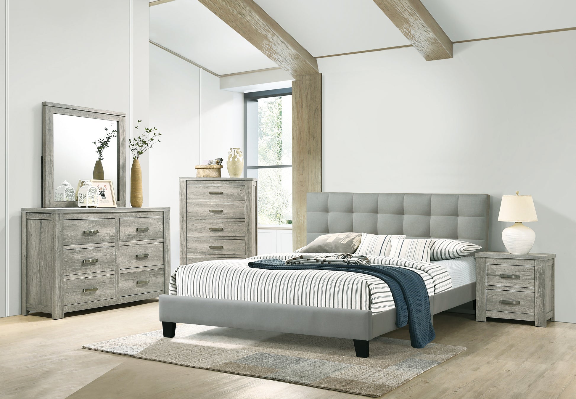 Contemporary 1Pc Queen Size Bed Grey Polyfiber Tufted Headboard Platform Bedframe Bedroom Furniture Box Spring Not Required Queen Grey,Light Gray Wood Bedroom Modern,Transitional Rubberwood Bed