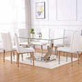 Table And Chair Set, Modern Dining Table, Tempered Glass Tabletop And Silver Colored Leg Table, Soft And Comfortable Dining Chair, Perfect For Dinner, Meetings, Home And Office Decor White Seats 6 Glass