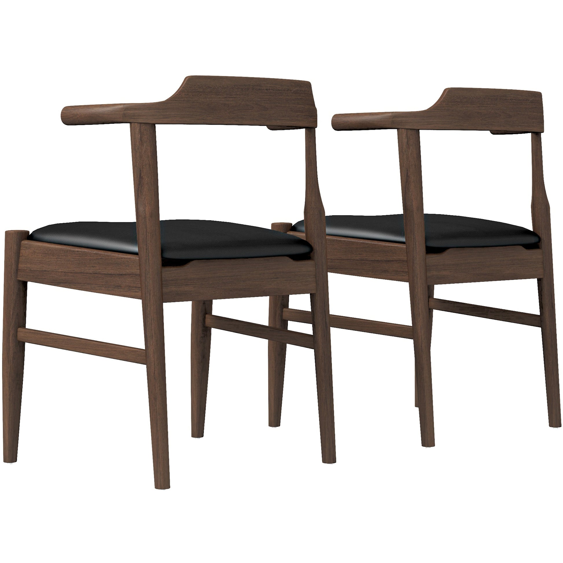 Leon Mid Century Modern Leather Dining Chair Set Of 2 Black,Wood Brown Dining Room Genuine Leather,Solid Wood