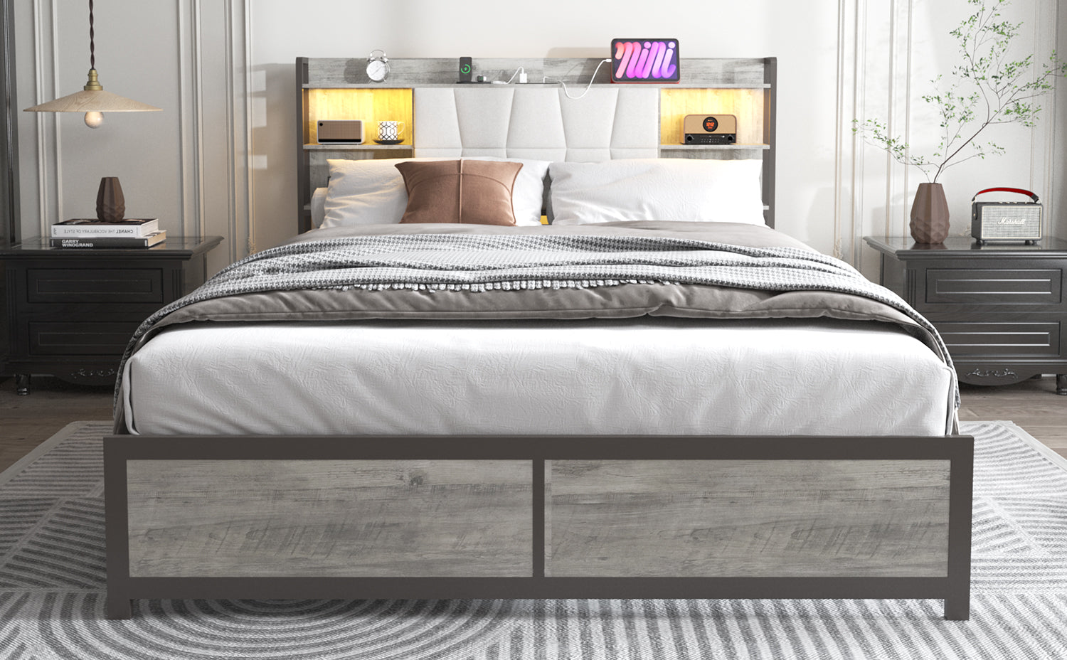 Queen Size Bed Frame With Led Light & Power Outlet, Platform Bed With Upholstered Headboard And Storage, Sturdy Metal Slats Support, No Box Spring Needed, Easy Assembly, Noise Free Box Spring Not Required Queen Ancient Oak Metal Bedroom Modern Bed Frame