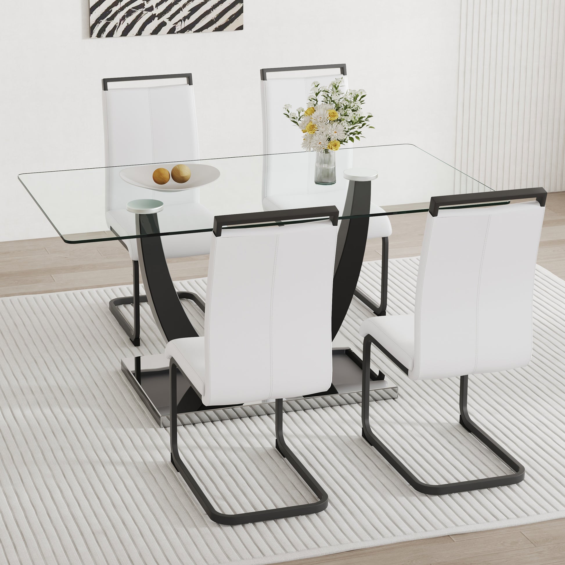 Table And Chair Set.Large Rectangular Glass Dining Table, 0.39 "Tempered Glass Countertop And Black Metal Shaped Bracket.Comes With Chairs With Faux Leather Cushions.Suitable For Kitchen, Dining Room. White Black Seats 4 Glass Metal