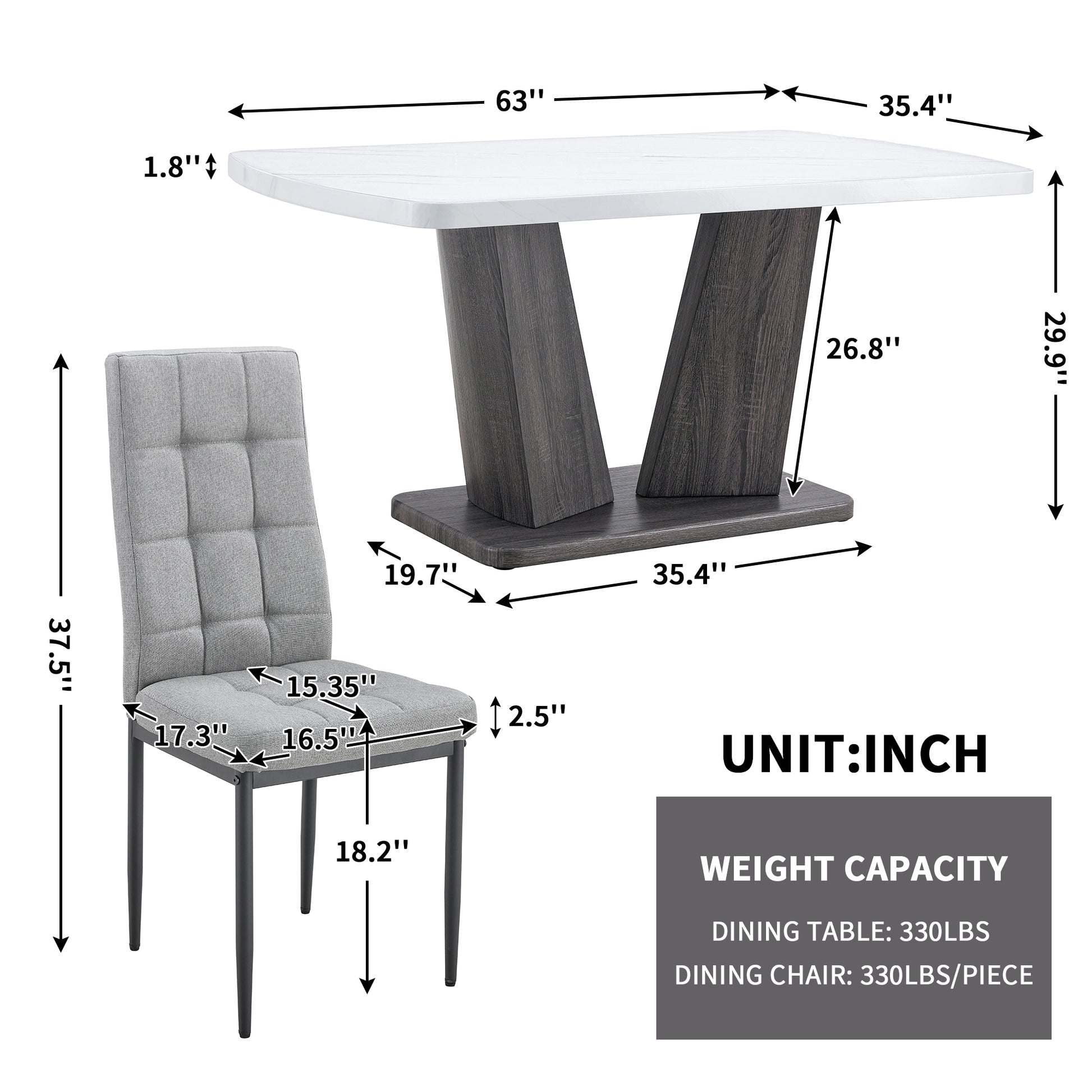 Modern Dining Table, Dining Room Table With 63" Faux Marble Top And V Shape Mdf Base, Kitchen Dining Table For Kitchen Living Dining Room White Dining Room Modern Rectangular Mdf