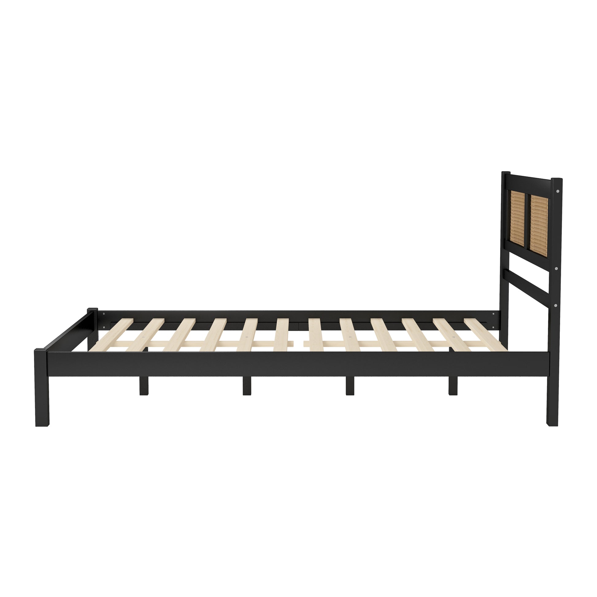 Queen Size Wooden Platform Bed With Natural Rattan Headboard, Exquisite Elegance With Minimalist Charm For Bedroom, Black Black Particle Board