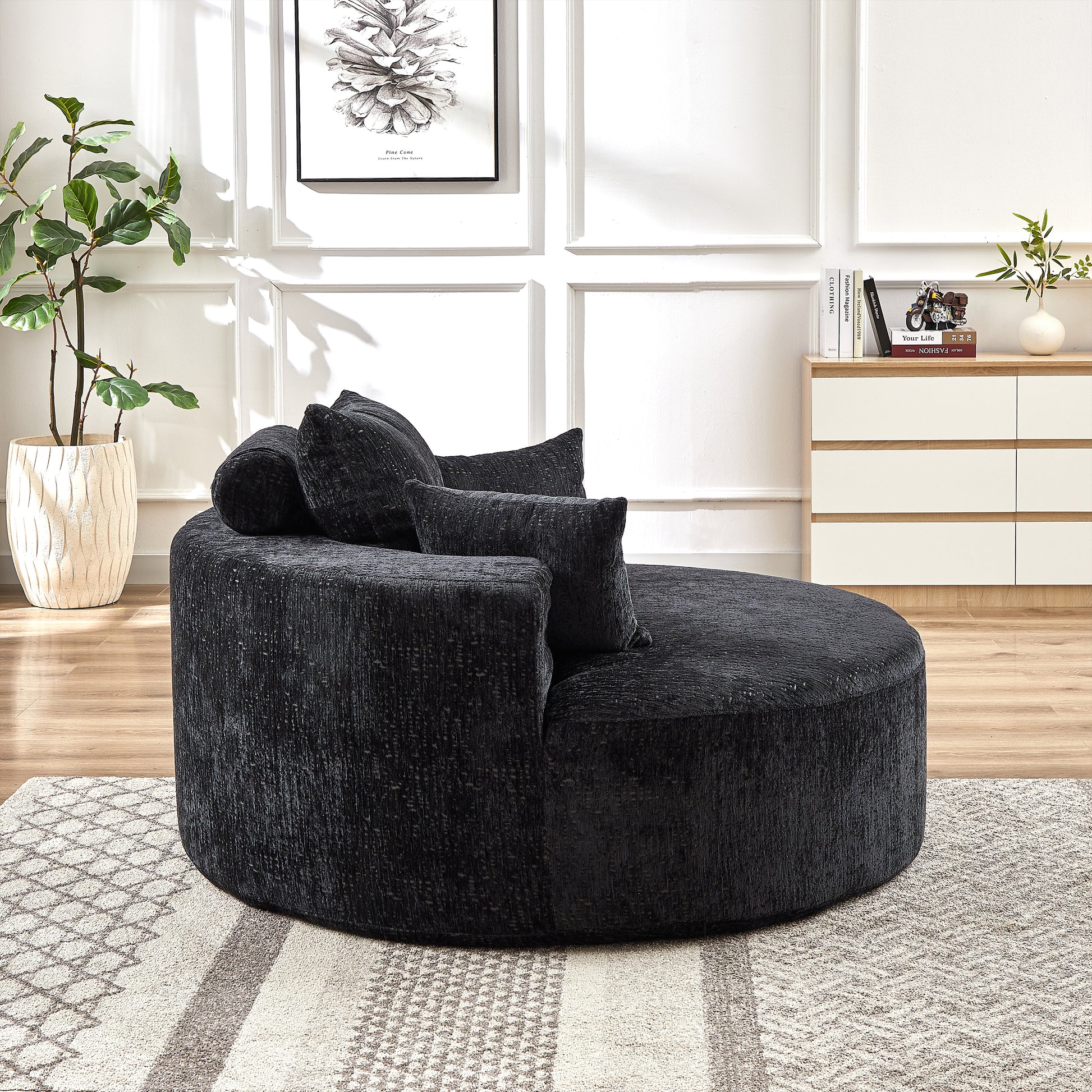 55''L Chenille Sponge Single Sofa,No Assembly Required,Fluffy Modern Sleeper Chair For Living Room, Bedroom, Lounge And Projection Room Not A Swivel Chair. Black Foam Chenille 1 Seat