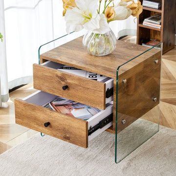 Double Drawer Bedside Table. The Board Surface Is Mdf Sticker, And Both Sides Are Transparent Tempered Glass. The Design Is Simple And Elegant, With Excellent Storage Functions. Wood 2 Drawers Mdf Glass