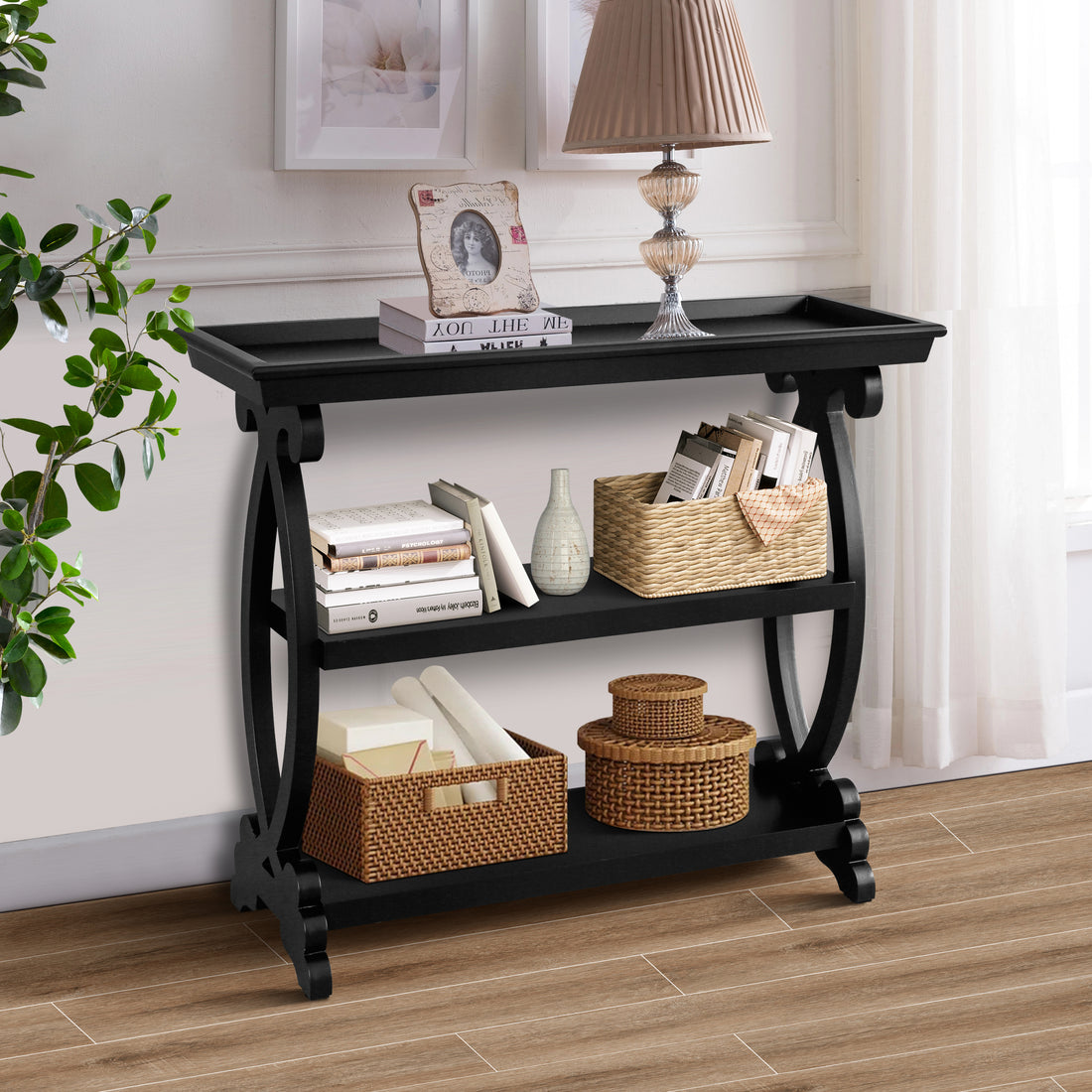 Newport Console Table For Living Room,Kitchen,Entyway Black Antique Black Desk Top Primary Living Space Floor Mount Open Storage Console Tables Lacquered Solid Wood Mdf Mdf