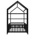 Twin Size Metal House Bed With Fence And Detachable Storage Shelves, Black Twin Black Metal