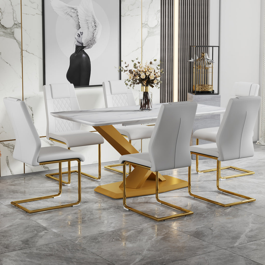 Table And Chair Set, The Table Is Equipped With A Marble Patterned Mdf Tabletop And Gold Table Legs.Dining Chairs,Gold Legged Upholstered Chairs Made Of Artificial Leather. Gold White Seats 6 Mdf