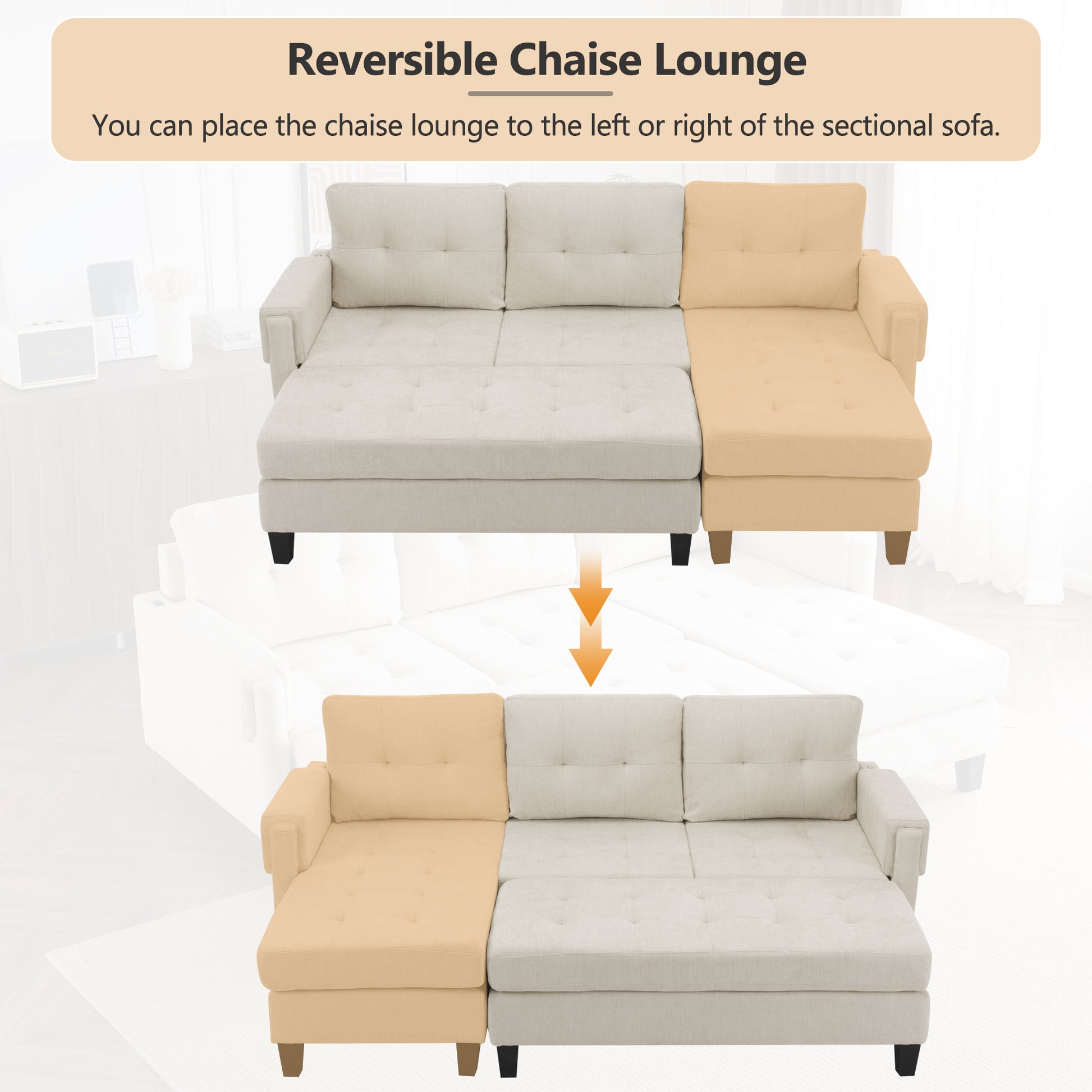 83.4" L Shaped Sofa Sectional Couch Sofa Bed With Two Usb Ports, A Movable Ottoman And A Reversible Chaise Lounge For Living Room, Beige Beige Foam Chenille 5 Seat