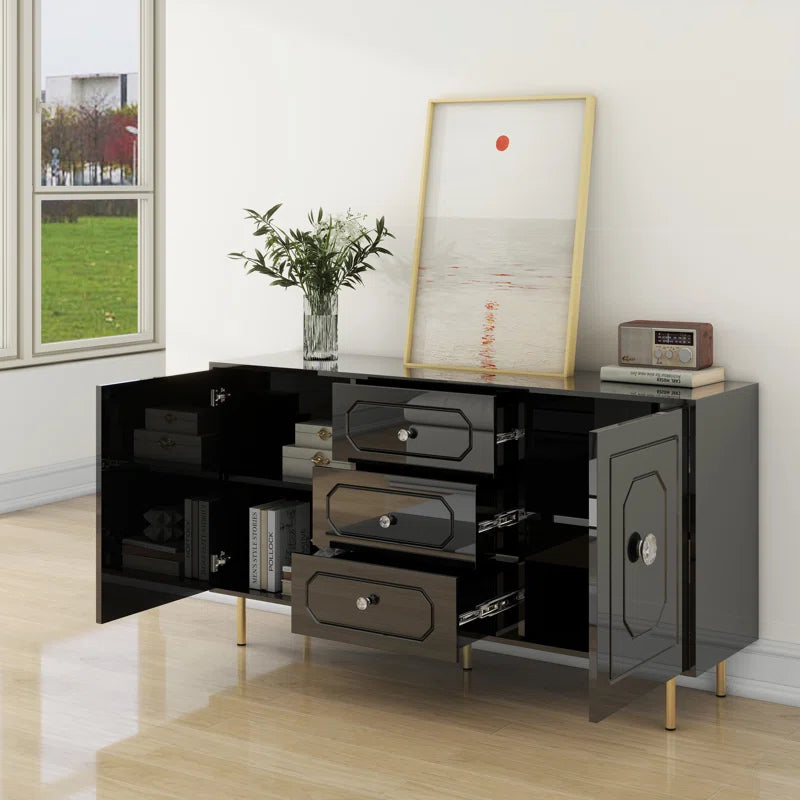 59" 2 Door 3 Drawers Wood Black High Gloss Finish Sideboard Black Dining Room Minimalist,Modern Soft Close Doors Mdf