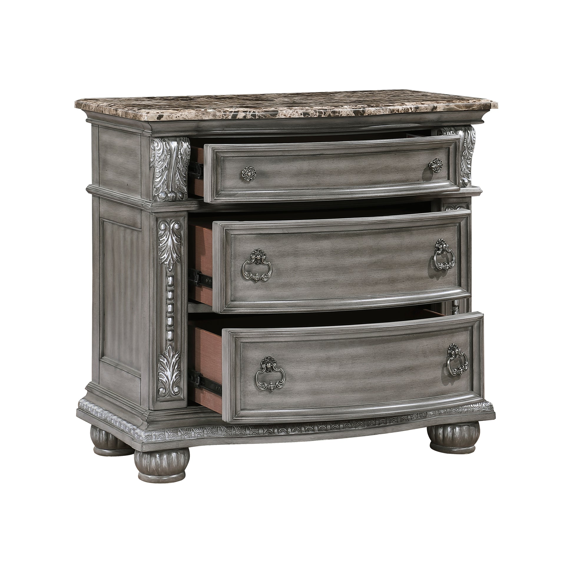 Traditional Style 1Pc Luxurious Nightstand Of 3 Drawers Marble Top Gray Finish Silver Tipping Wooden Bedroom Furniture Gray 3 Drawers Bedroom Bedside Cabinet Luxury,Traditional Wood