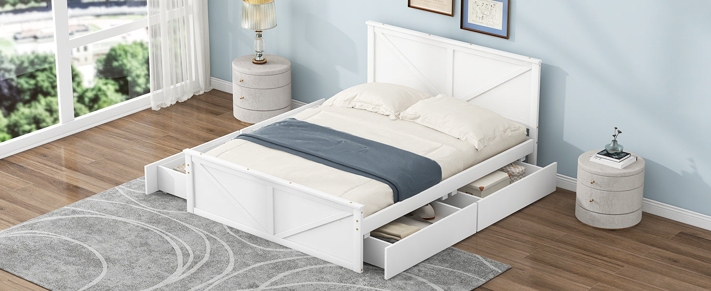 Queen Size Wooden Platform Bed With Four Storage Drawers And Support Legs, White Queen Antique White Pine