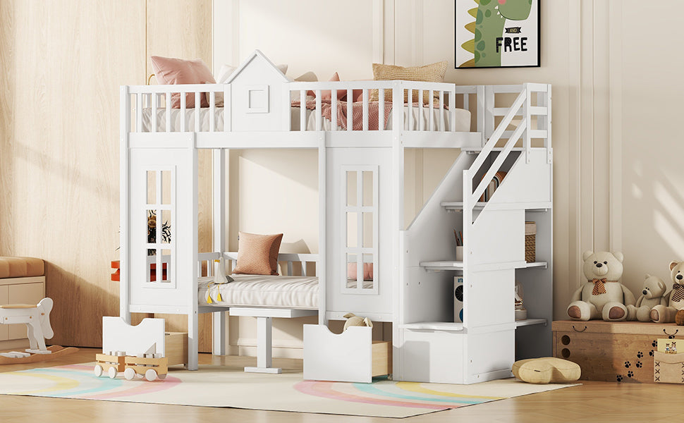 Twin Over Twin Bunk Bed With Changeable Table, Bunk Bed Turn Into Upper Bed And Down Desk White Twin White Solid Wood