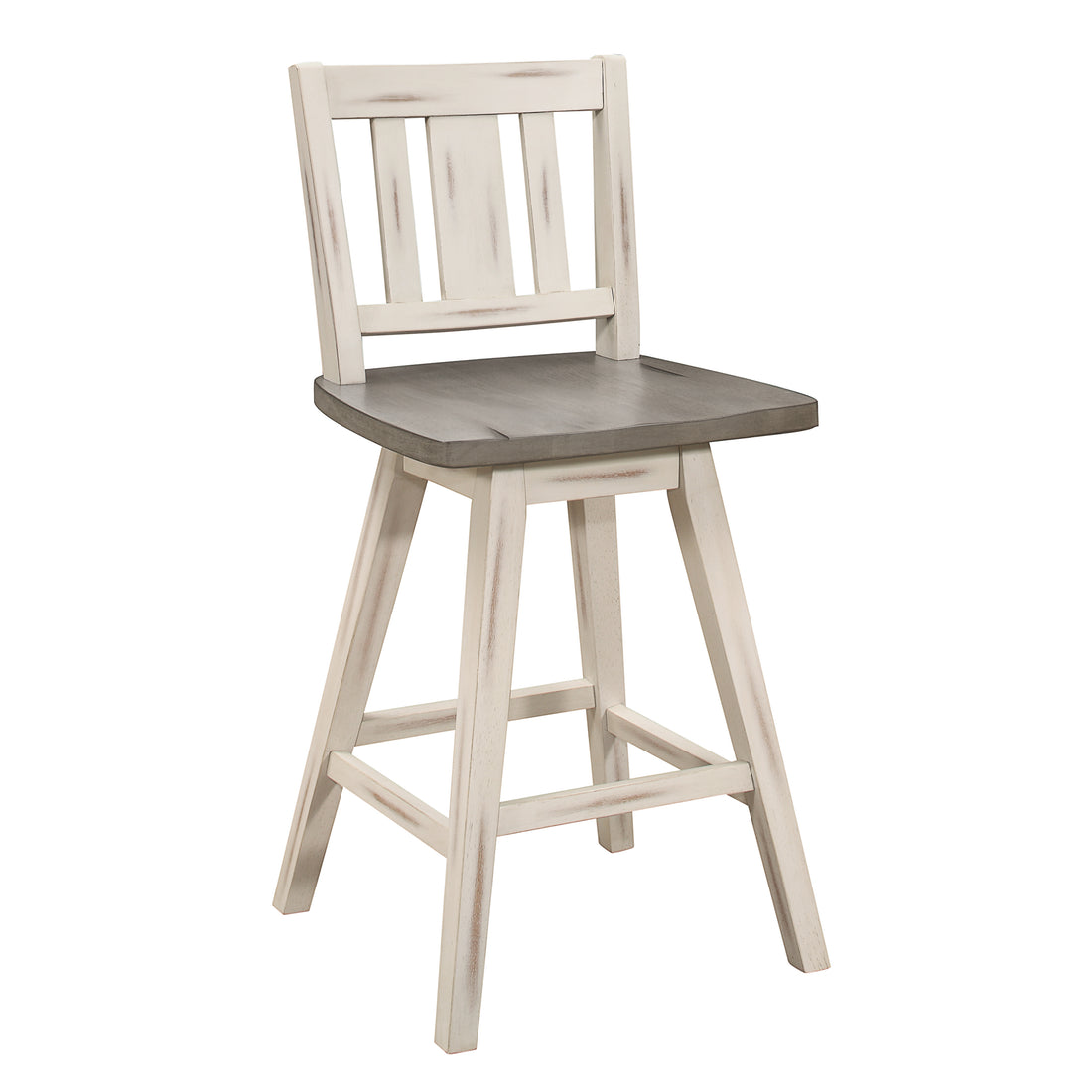 Counter Height Chairs Set Of 2, White Gray 360 Degree Swivel Chair Solid Rubberwood Kitchen Dining Furniture, Vertical Slat Back White Gray Dining Room Rustic Slat Back Solid Wood