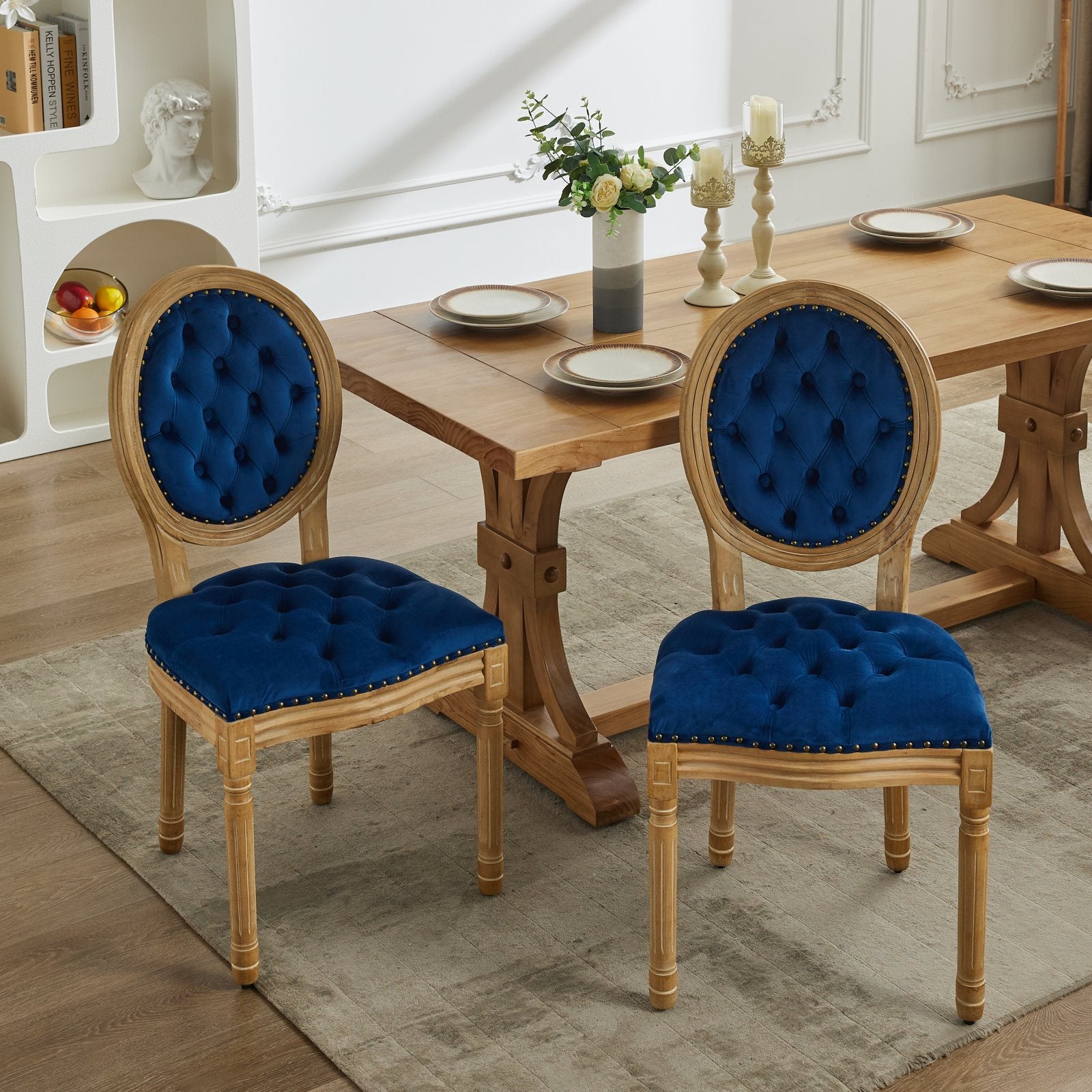 French Style Solid Wood Frame Antique Painting,Hand Pulled Buckle Decoration Velvet Artificial Leather Dining Chair With Trim ,Wood Legs,Steel Spring Inner,Set Of 2,Blue,Sw1739Bl Blue Dining Room American Design Dining Chairs Rubberwood Set Of 2 Foam