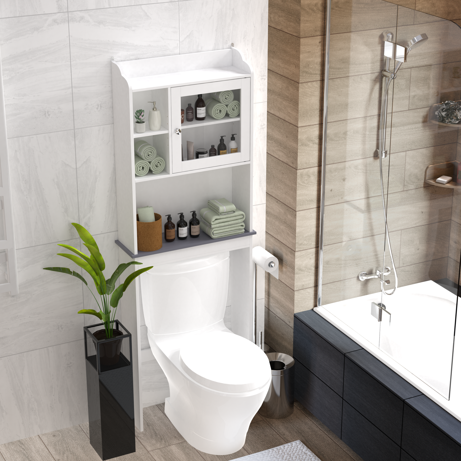 Modern Over The Toilet Space Saver Organization Wood Storage Cabinet For Home, Bathroom White White Mdf