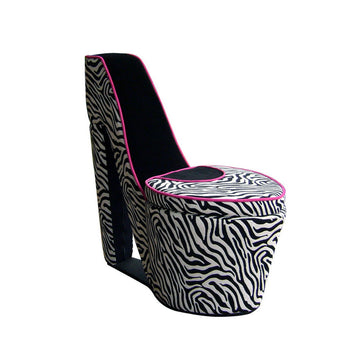 32.86" In Zebra Print W Pink Trim Black Sole High Heel Storage Chair Black Red Wood Fabric