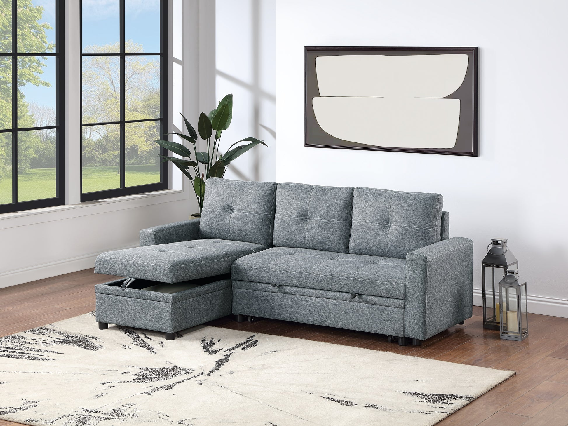 Black Gray Polyfiber Convertible Sectional Sofa Pull Out Bed Couch Storage Chaise Reversible 2Pc Sectional Living Room Furniture Grey Black Primary Living Space Tufted Back Contemporary,Modern L Shaped Square Arms Plywood 4 Seat