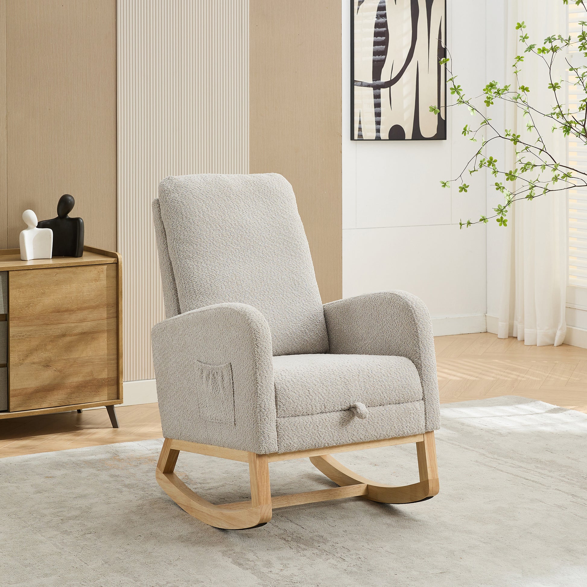 25.4"W Rocking Chair For Nursery, High Back Glider Chair With Retractable Footrest, Side Pocket, Rocking Accent Armchair With Rubber Wood Legs For Living Room Bedroom.Light Gray Light Gray Boucle