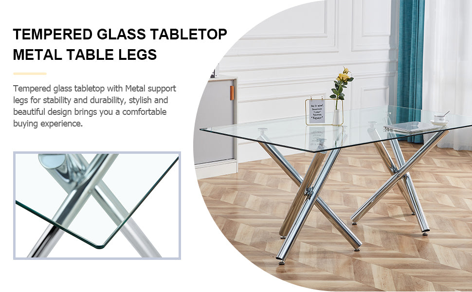 Table And Chair Set.Large Minimalist Rectangular Glass Dining Table For 6 8 With 0.39" Tempered Glass Tabletop And Silver Chrome Metal Legs.Paried With Comfortable Chairs With Pu Seats And Metal Legs. Silver Seats 8 Glass Metal