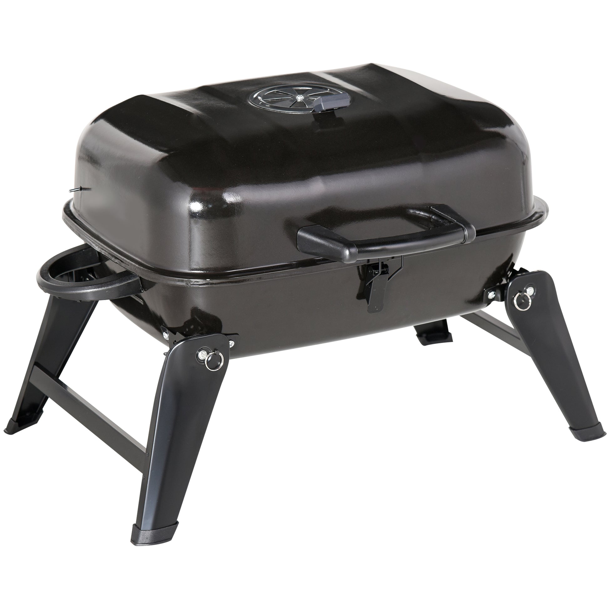 Outsunny 14" Portable Charcoal Grill, Tabletop Small Bbq Grill For Outdoor Cooking, Camping, Tailgating, Enamel Coated, Vent, Folding Legs, Black Black Iron