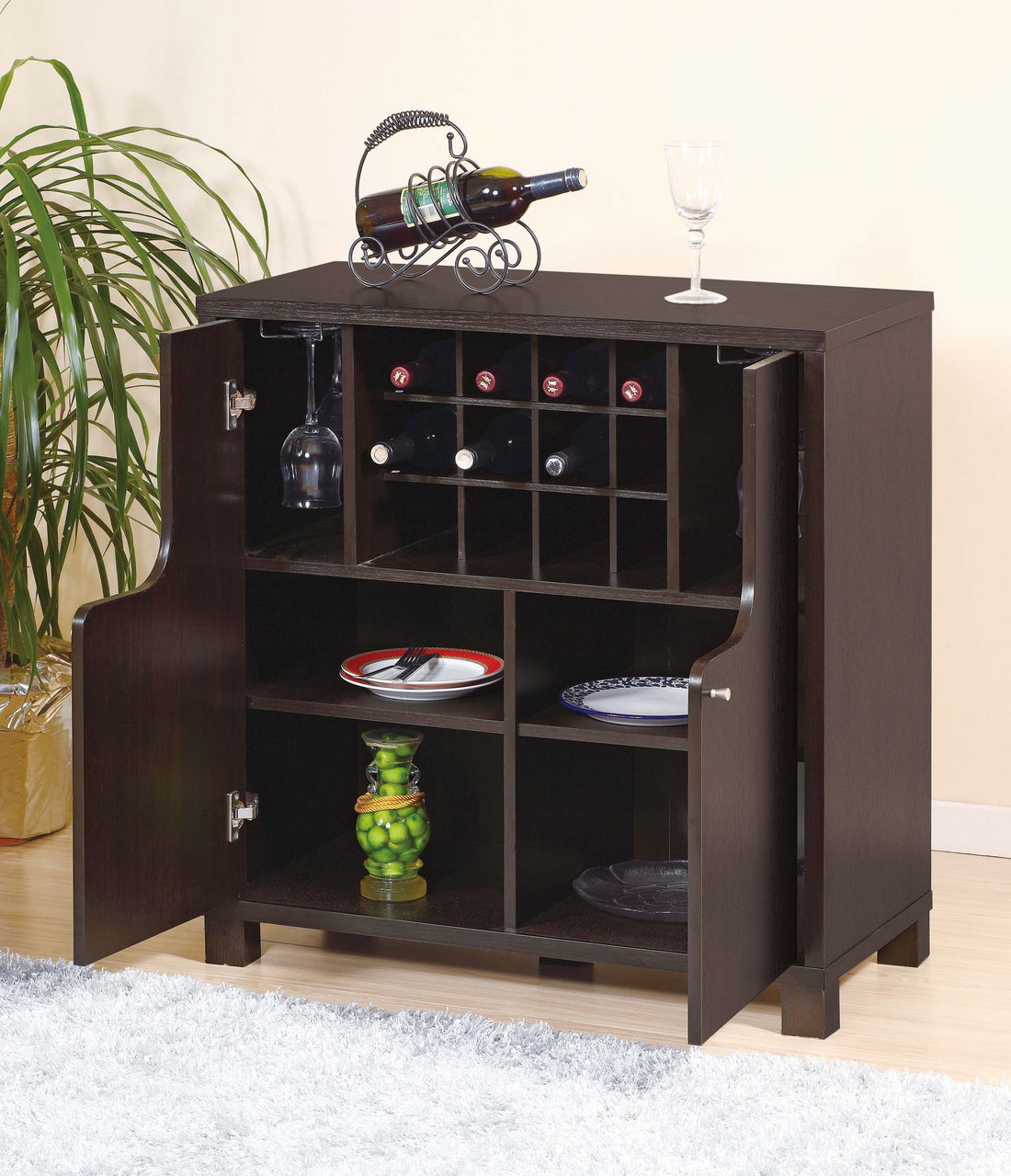 Wine Cabinet Red Cocoa With Two Doors Removeable Wine Bottle Rack Metal Wine Glass Racks Four Shelves Espresso Particle Board Mdf