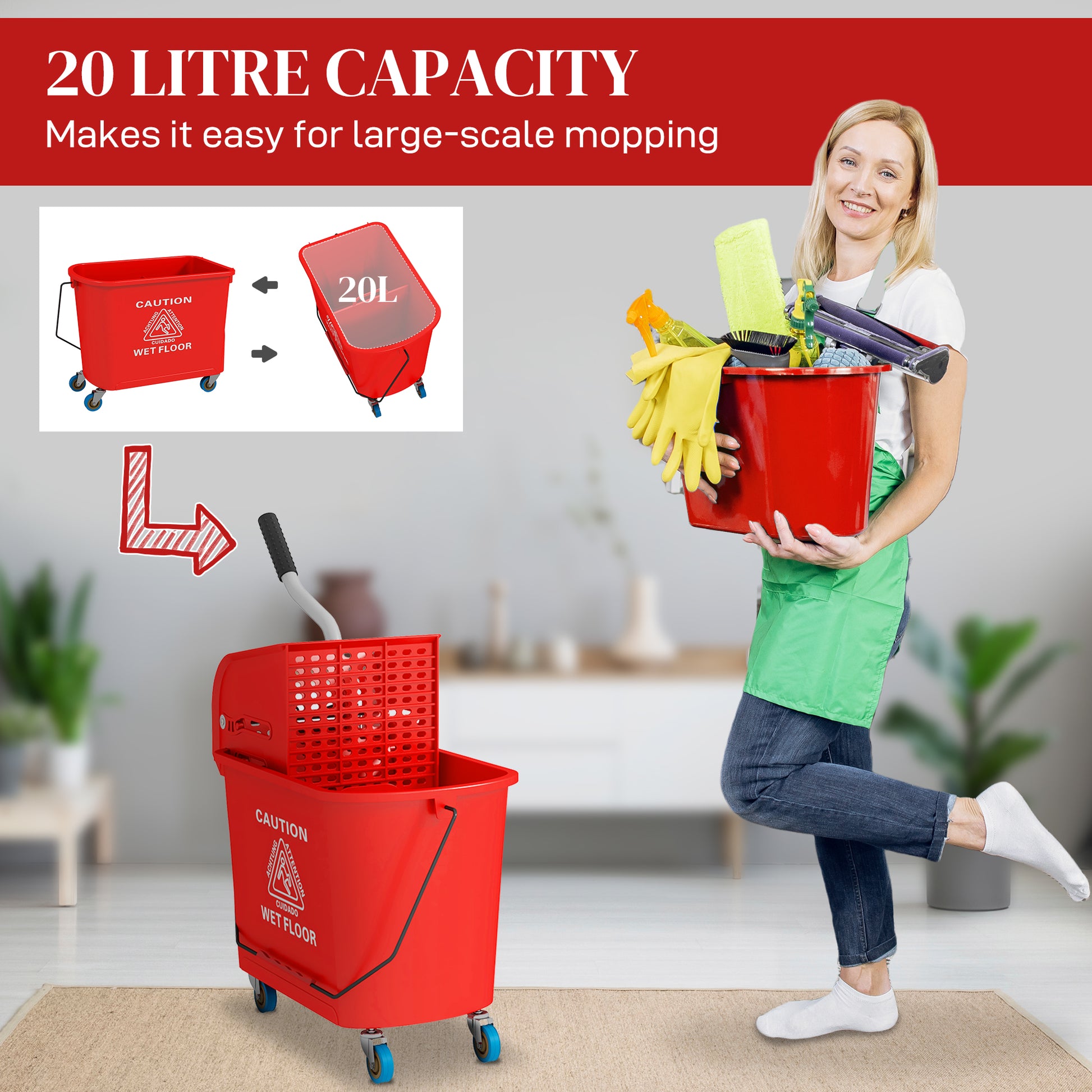 Homcom Mop Bucket With Wringer On Wheels For Floor Cleaning, 21 Quart, Separate Dirty And Clean Water, Red Red Plastic