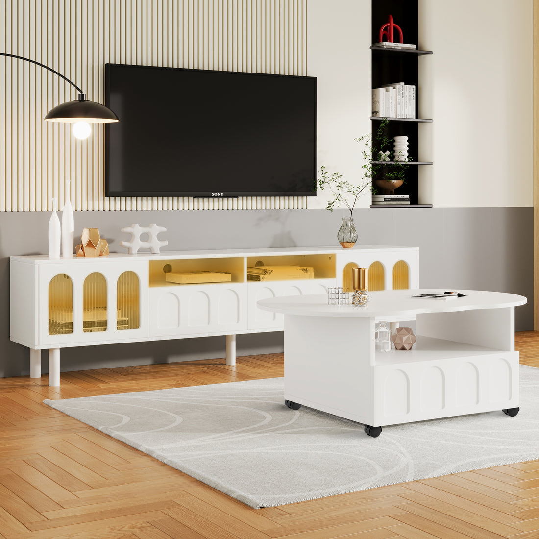 Cream Style Tv Stand And Coffee Table Set Of 2, Led Light Strip Tv Stand For Tvs Up To 80'', Cloud Top Coffee Table With 2 Brake Wheels For Living Room, White White 80 89 Inches Particle Board