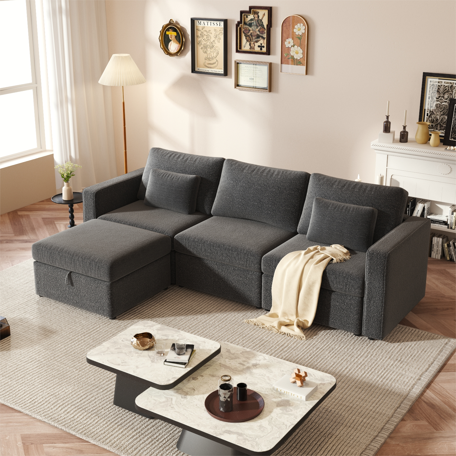 Modern Cotton Linen L Shape Sectional Sofa, Oversized Upholstery Sectional Sofa, Chaise Couch With Storage Ottomans For Living Room Loft Apartment Office Dark Gray 4 Seats Wood Primary Living Space Medium Duty Pine 4 Seat Dark Gray Linen Medium Soft