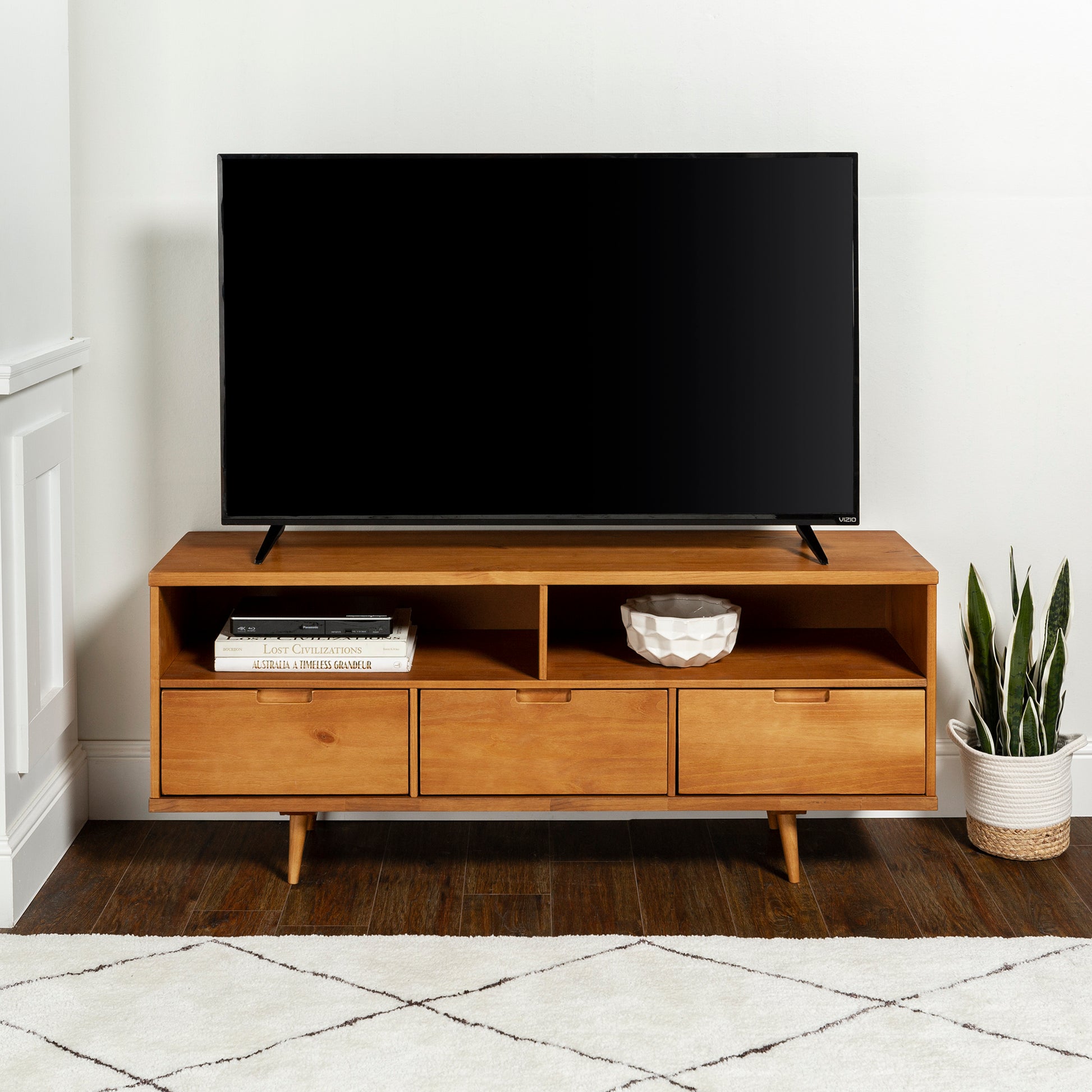 Mid Century Modern Solid Wood 3 Drawer 58" Tv Stand For 65" Tvs With 2 Open Cubbies Caramel Caramel Pine